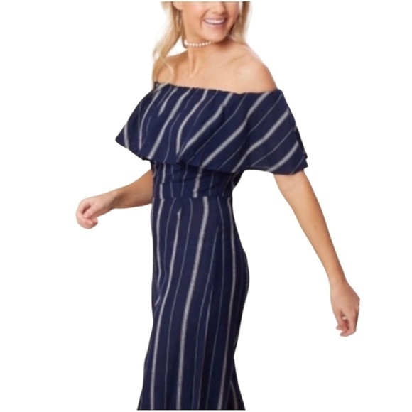 ALTAR'D State Cara Navy Striped Off Shoulder Ruffle Linen Blend Jump Suit, Small - Picture 2 of 9